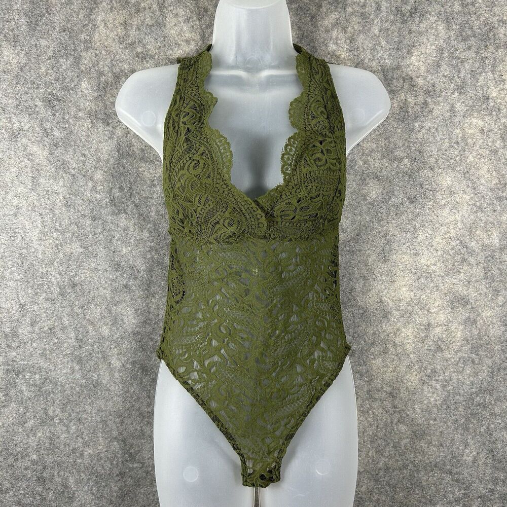 Topshop Green Lace Sleeveless Plunge Neck Women’s Bodysuit Size 6